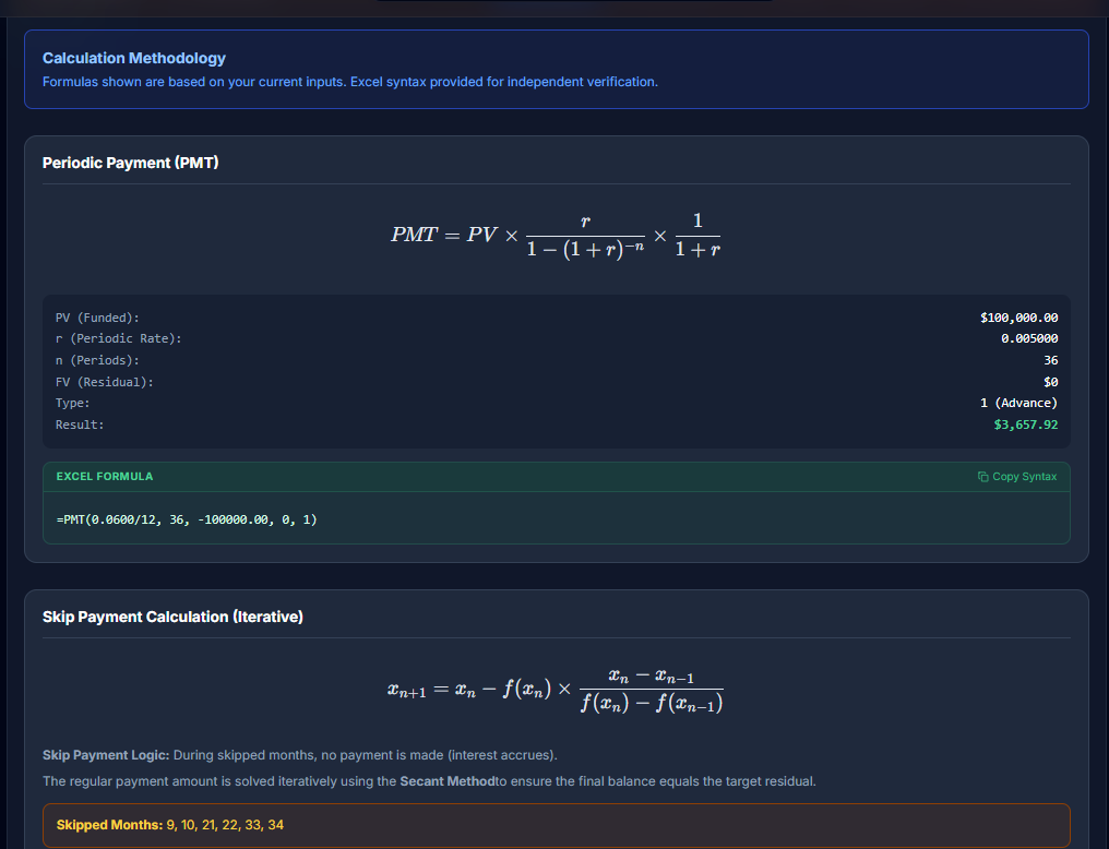 LeaseIQ Pro Formulas tab showing Periodic Payment PMT with live funded amount and Excel PMT syntax, plus Skip Payment iterative calculation with listed skip months